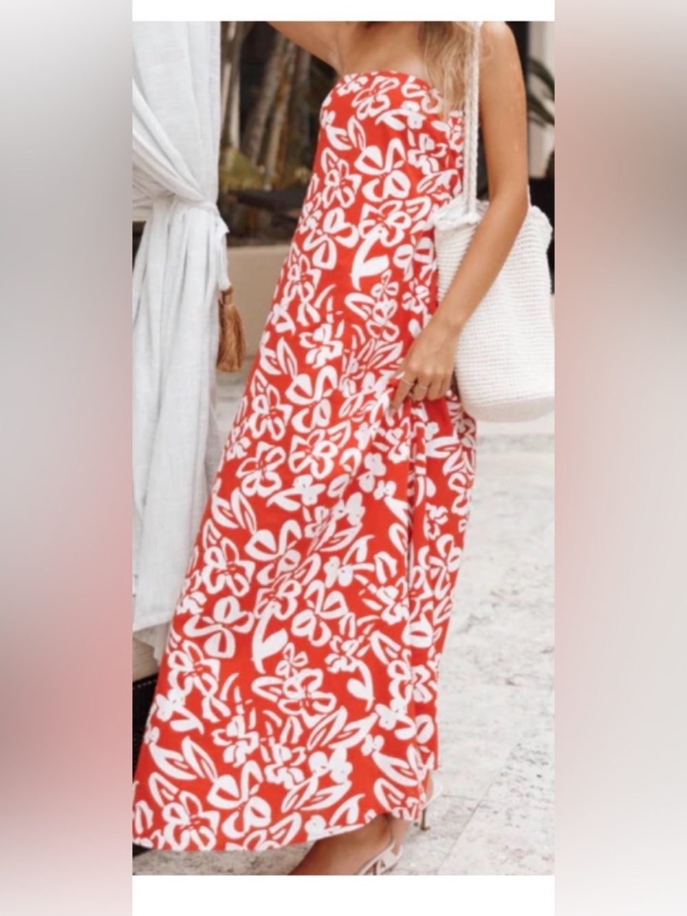 Petal & Pup Red and White Floral Strapless Maxi Dress